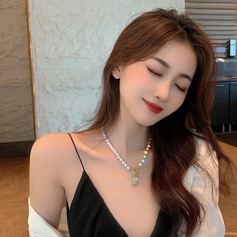 

LOVOACC Korea Japan Asymmetric Chains Necklaces for Women Shinning Rhinestone OT Toggle Clasp Choker Necklace Vintage Jewelry