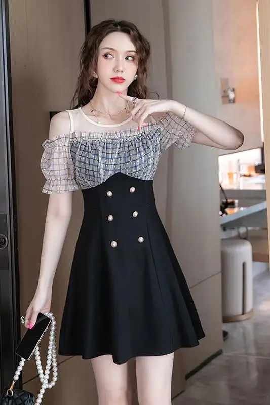 

COIGARSAM Patchwork Women dress New Summer Mesh Dresses Black 0993