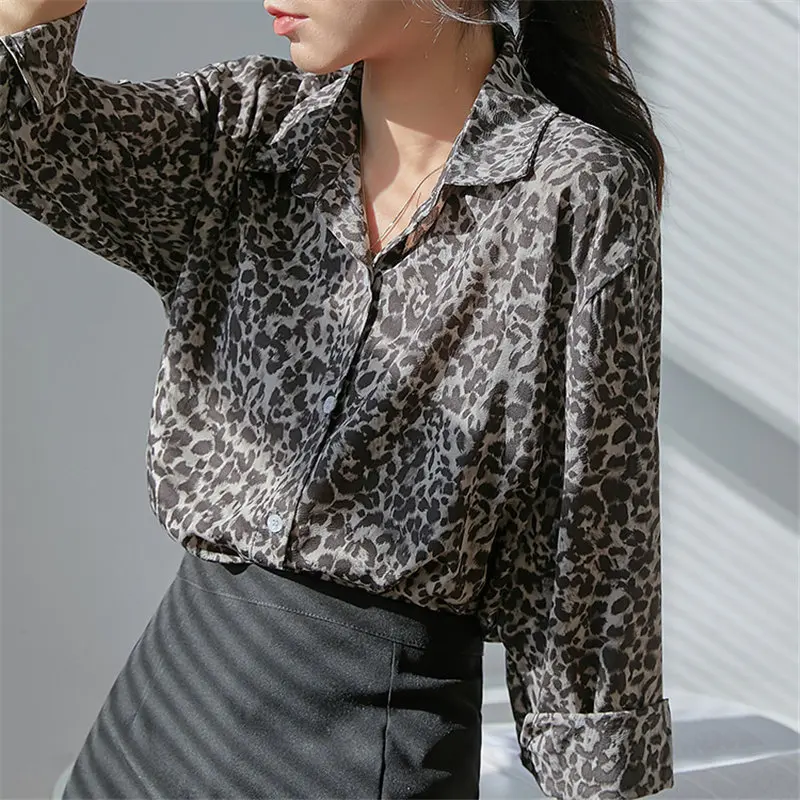 

HziriP 2021 Chic Animal Printed Women Leopard Retro Hot Full Sleeves Plus Size Vintage All Match Shirts Loose Stylish Blouses