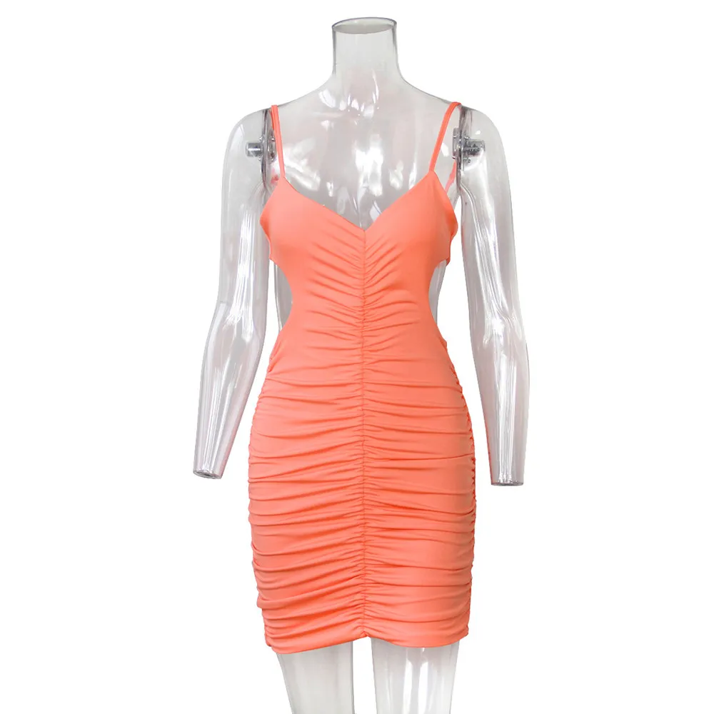 

2021 Summer New Women's Sexy V-Neck Low-Cut Sling Bag Hip Fold Dress Ladies Fashion Solid Color Side Hollow Night Club Dress