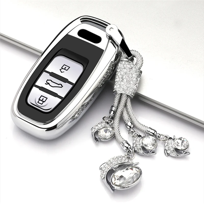 C-Silver-keyring Мягкий ТПУ чехол для ключей Автомобильный брелок с кольцом ключ чехол для Audi A4 A4L A5 S5 A6 Q5 SQ5 Fob 3 кнопки автомобильные аксессуары защита - Название цвета: C-Silver-keyring