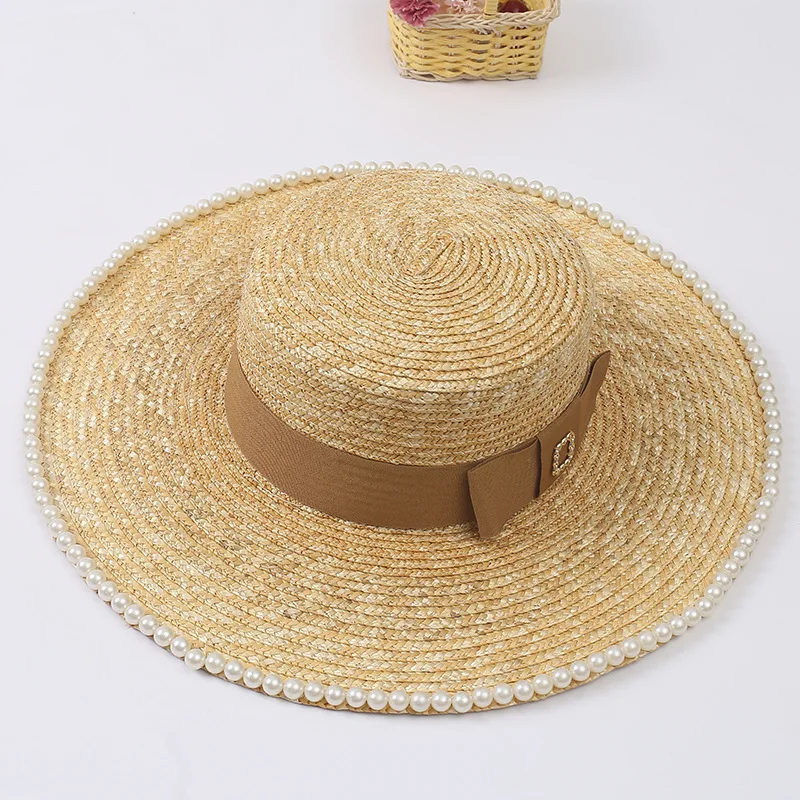 Соломенная шляпа с широкими полями и жемчугом Женская элегантная пляжная