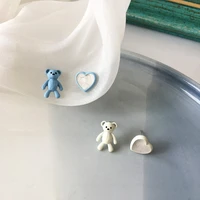 girls cute asymmetric love clip earrings without piercing sweet little bear blue earrings