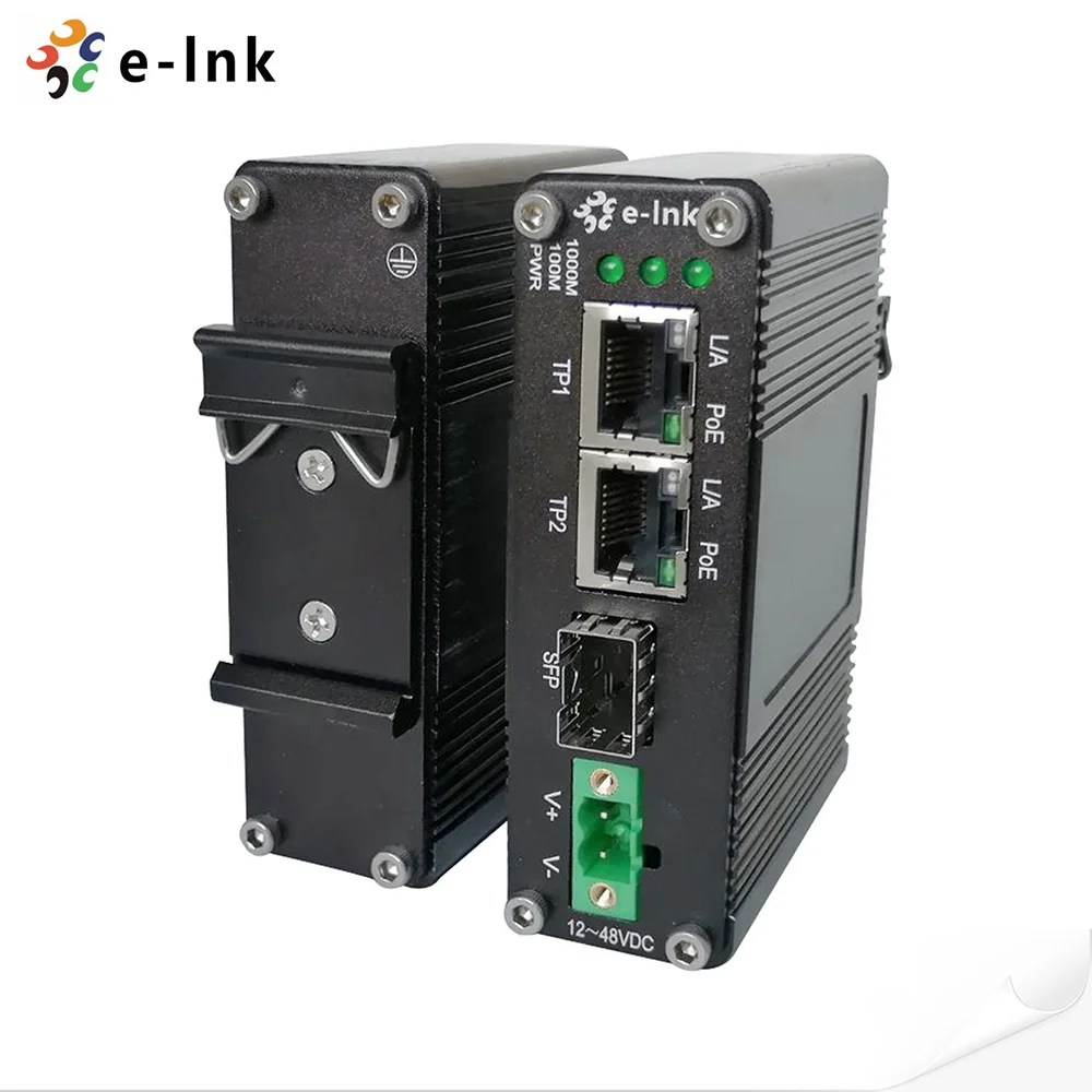 

Мини промышленный 1 порт 100/1000X SFP в 2 порта 10/100/1000T 30 Вт PoE + медиаконвертер с входом 12-48 в
