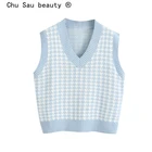 Женский трикотажный жилет в клетку, повседневный Свободный пуловер оверсайз с V-образным вырезом, в стиле гусиная лапка, 2020