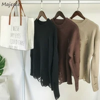 pullovers men couples hole ripped loose solid simple leisure knitted sweater male trendy harajuku stylish all match ulzzang chic