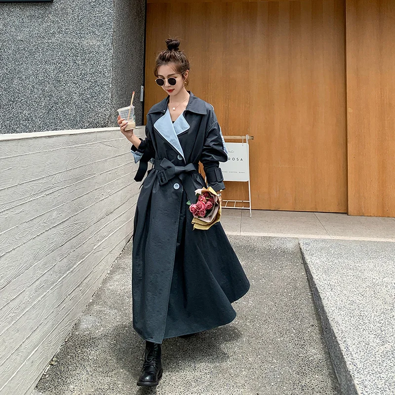 

Women Coat Windbreaker 2022 Spring Autumn Jacket Long Big Size Ladies Cloak Contrast Stitching Cotton Wear A Belt Trench Female