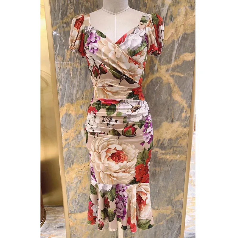 

Женское винтажное платье с юбкой годе, модельное элегантное дизайнерское платье миди с V-образным вырезом и пышными рукавами, платье с принт...