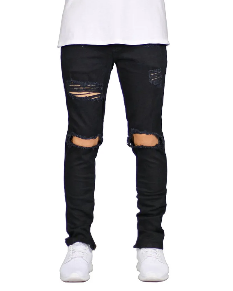 Black Jeans Men Fashions Sexy Ripped Hole Skinny Denim Pencil Pants Men Slim Fit Mid Waist Stretch Distressed Jeans Streetwear