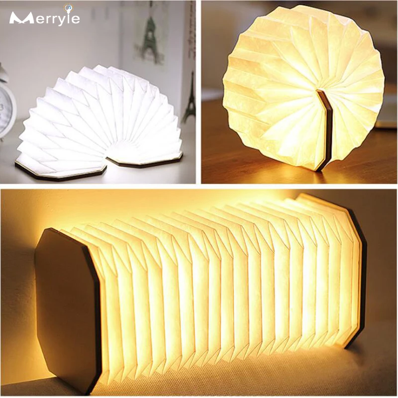 New 3D Folding Wooden Book Lamp LED 3 Colors Accordion Night Light Rechargeable Bedroom Table Lamp for Baby Child Gift Present