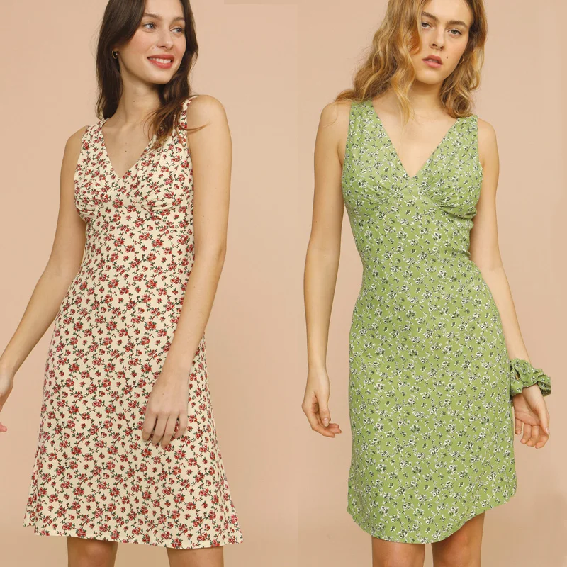 

2021 новые летние французского курорта темперамент пояс для похудения с треугольным воротом без рукавов для девочек и юбка с цветочным рисун...