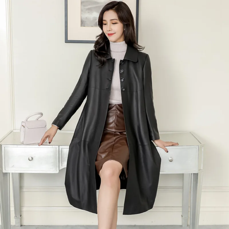 

2021 Spring Autumn Black Leather Jacket Tops Women's Brand Leisure Loose Sheepskin Coat Plus Size Long Genuine Leather Trench