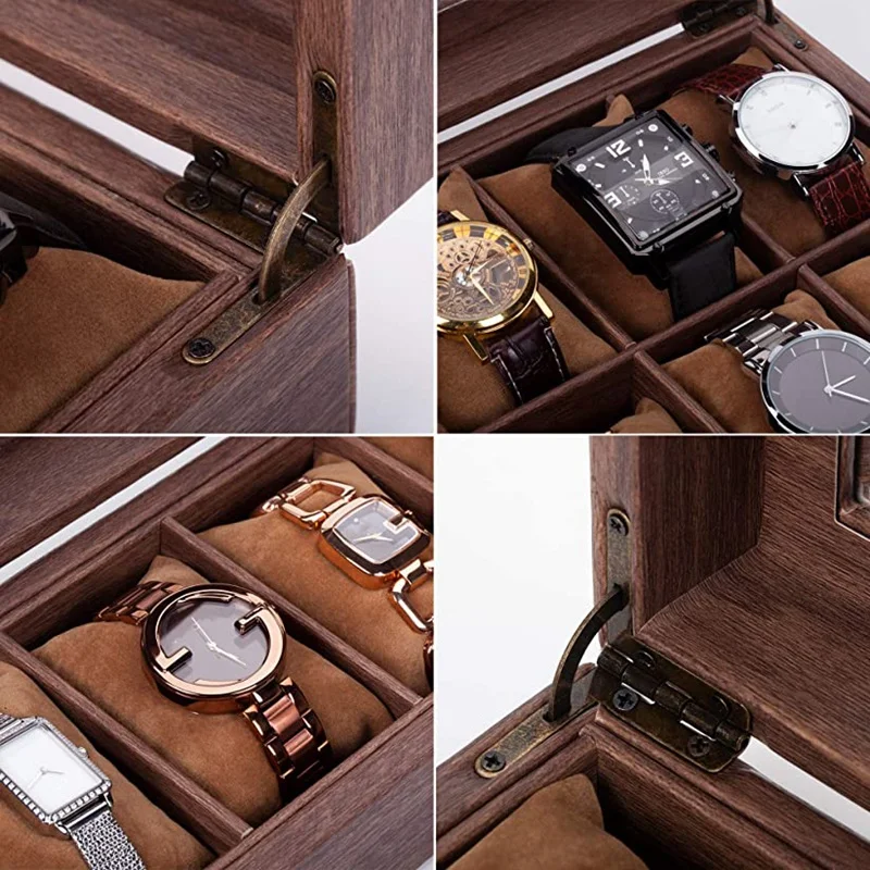 

Watches Storage/Watch Case/Watch Box Made of PU Leather in Wood Grain and Real Gl with 10 Grids for 10 Watches