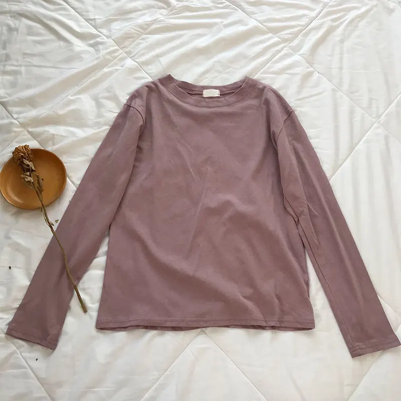 Light purple 22 Однотонная футболка с длинным рукавом Женская Kpop шикарная свободная хлопковая Футболка с круглым вырезом черная Harajuku Kawaii простая Базовая футболка Femme - Цвет: Light purple