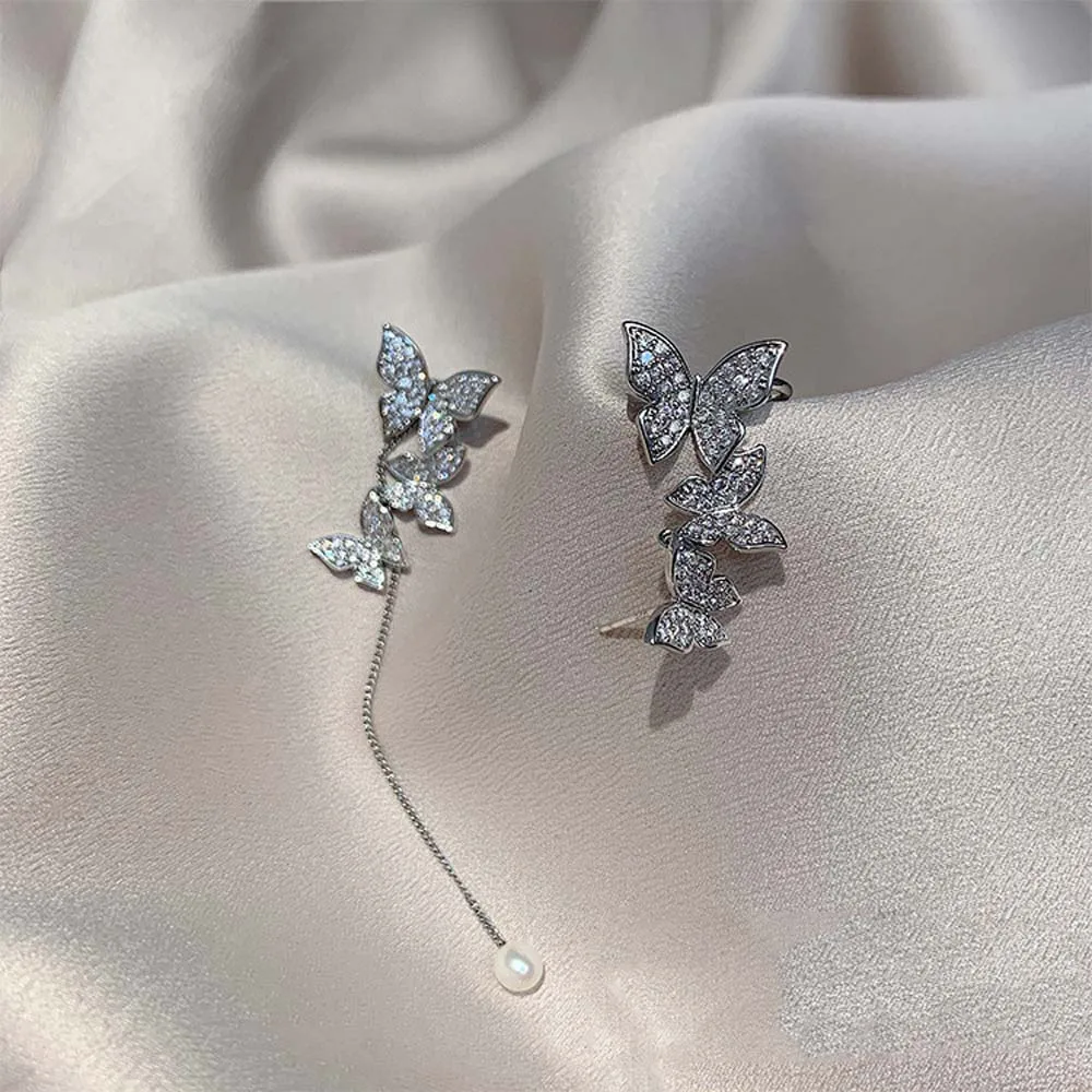 Asymmetrical Cute Crystal Butterfly Earrings Long Temperament Tassel Delicate Metal Super Fairy | Украшения и аксессуары