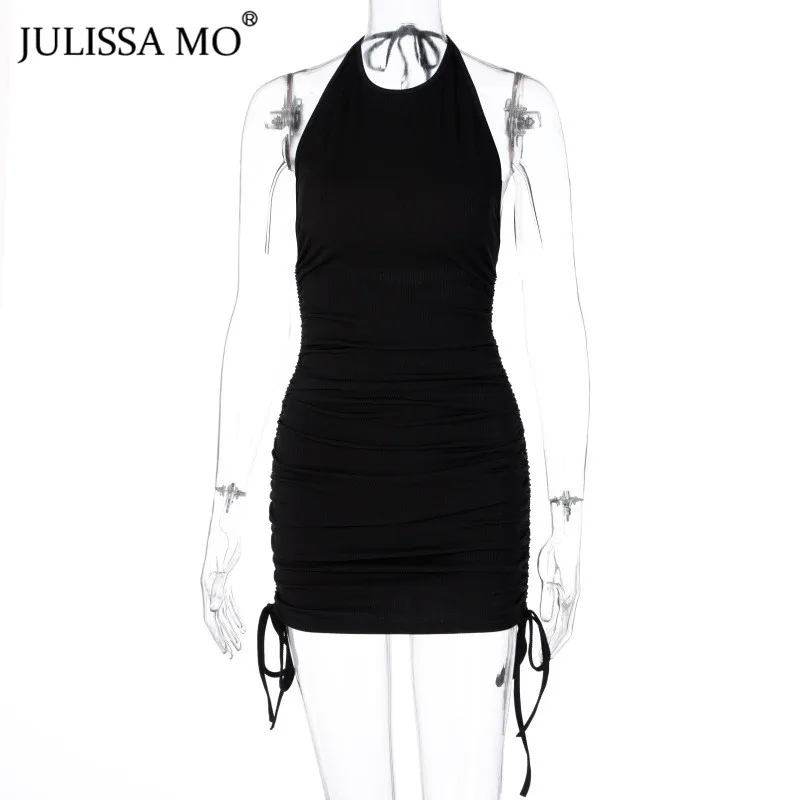 

JULISSA MO Sexy Backless Ruched Dress Autumn Halter Bodycon Short Dresses Women Drawstring Club Partywear Vestidos Streetwear