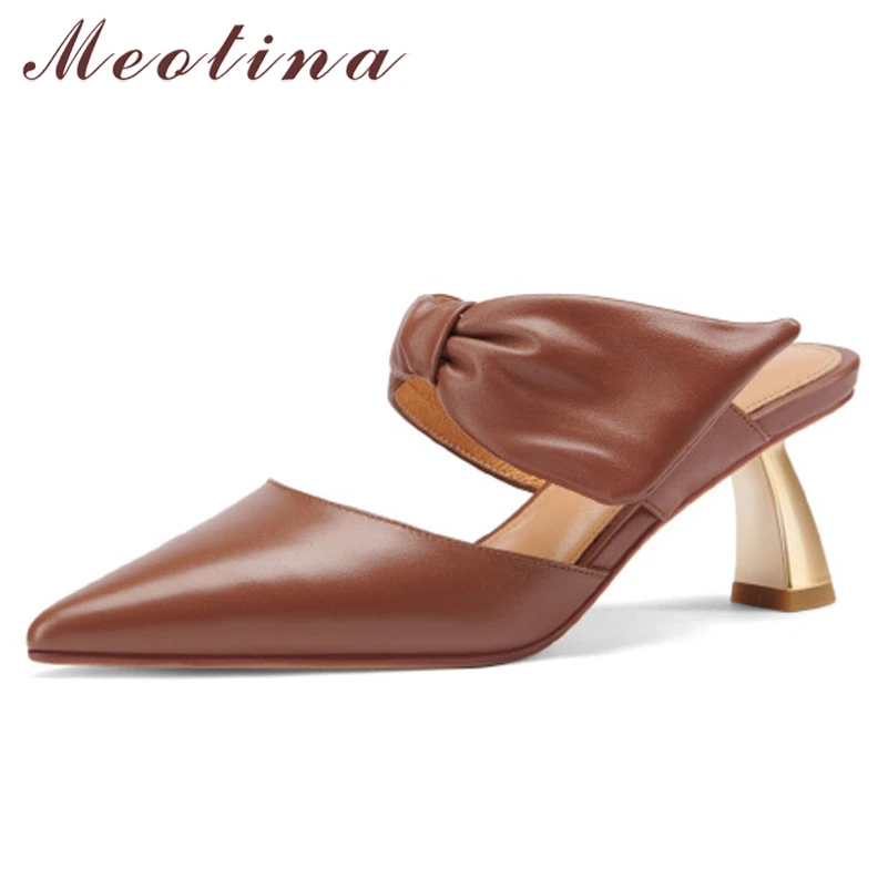 

Meotina Women Mules Shoes Genuine Leather High Heels Pumps Bow Thin Heel Shoes Pointed Toe Cow Leather Ladies Footwear Black 40