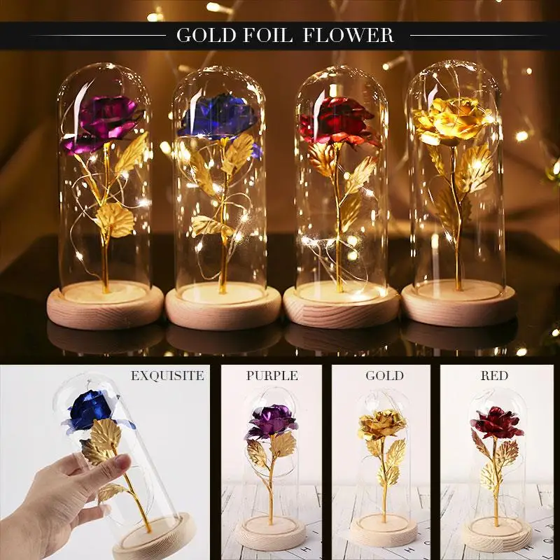 Светящиеся розы из золотой фольги стеклянный чехол с вечным цветком праздничное