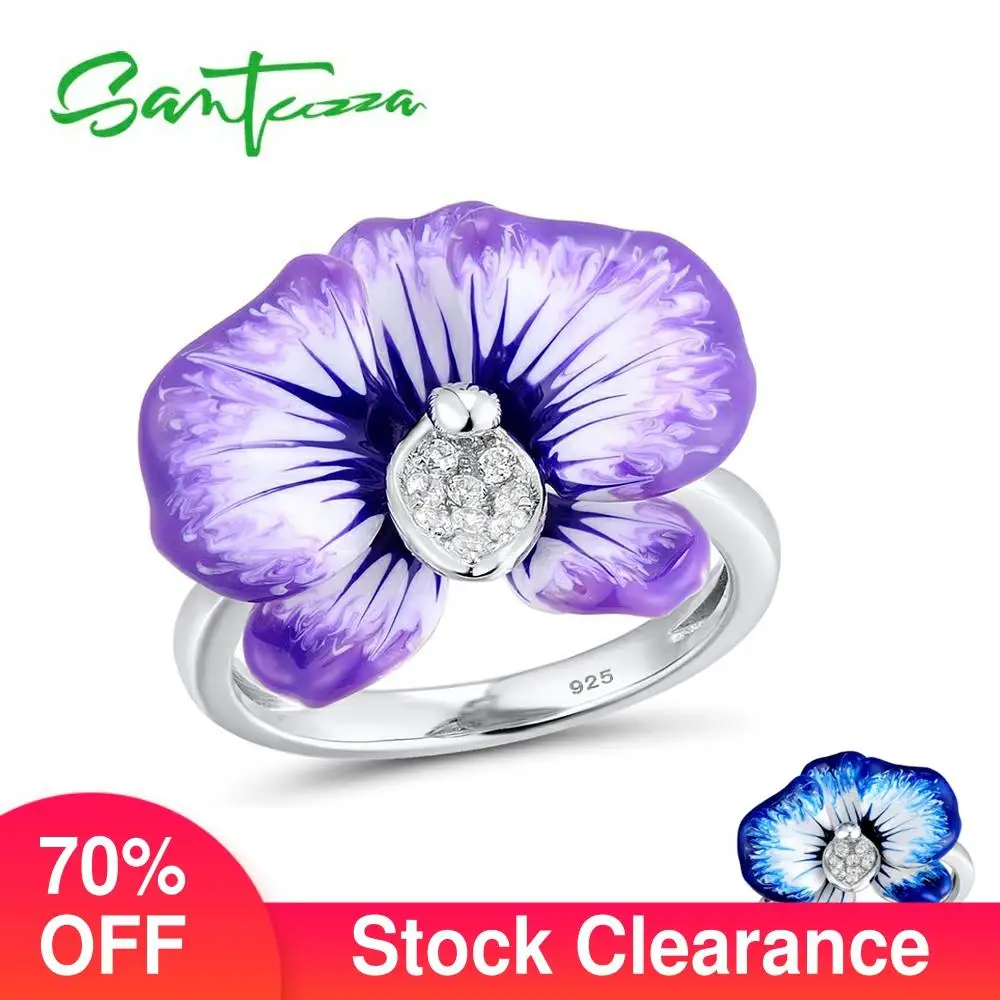 SANTUZZA Silver Ring For Women 925 Sterling Silver Purple Blooming Flower Cubic Zirconia Ring Party Chic Jewelry Handmade Enamel