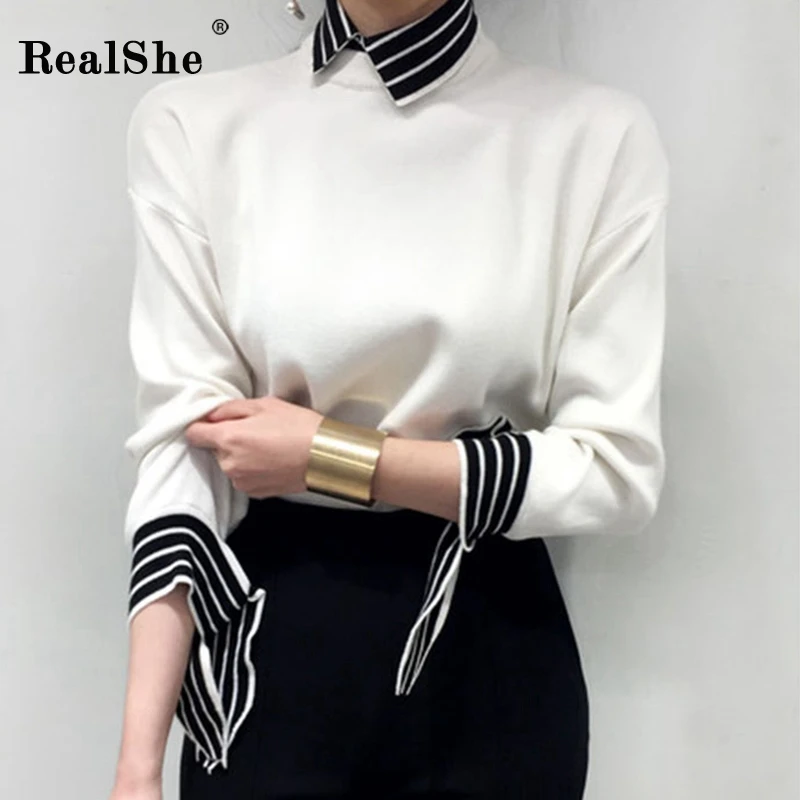 RealShe лоскутный свитер женский с отложным воротником бантом Женский пуловер 2020