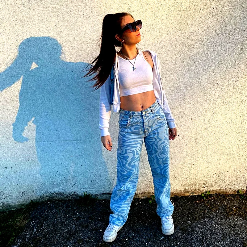 Прямые джинсовые брюки в стиле ретро с принтом зебры Женские винтажные Свободные