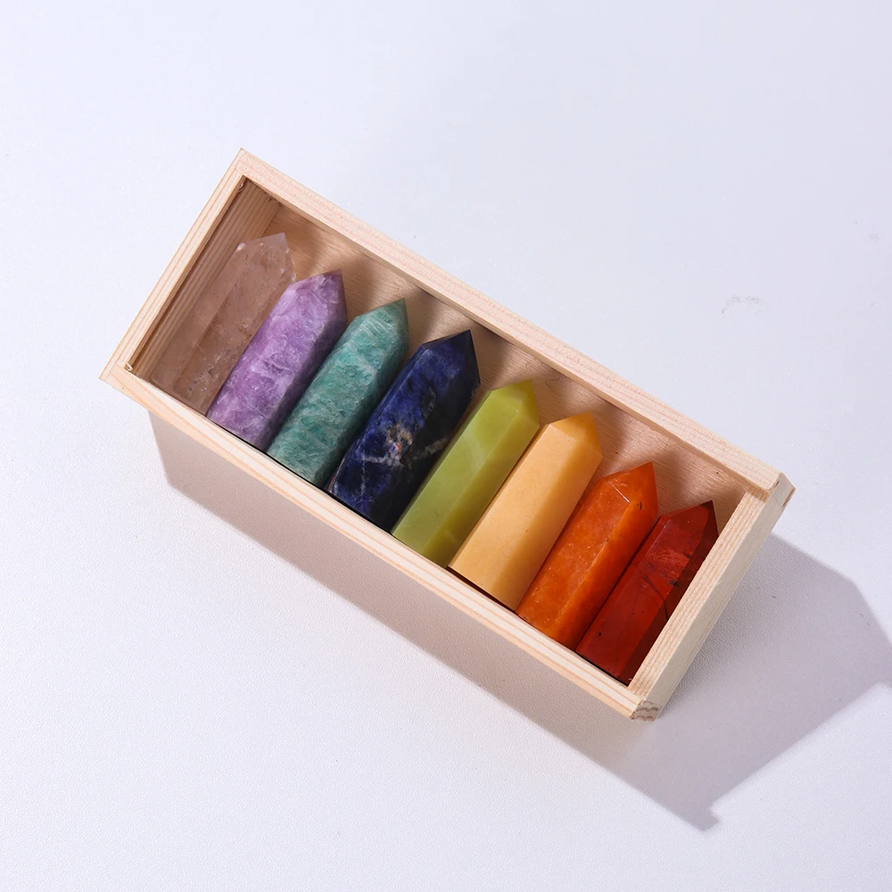 8Pcs/set Crystals Chakra Array Amazonite Stone Points Natural Quartz Hexagonal Prism Healing Wand Wooden Gift Box - купить по