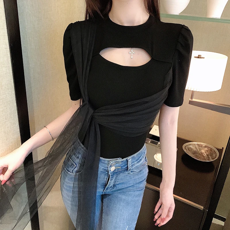 

KUSAHIKI Summer New 2021 Korean Slim T Shirts Korean Hollow-out Mesh Bow Tie Graphic Tees Puff Sleeve O-neck Women Tshirt 6G926