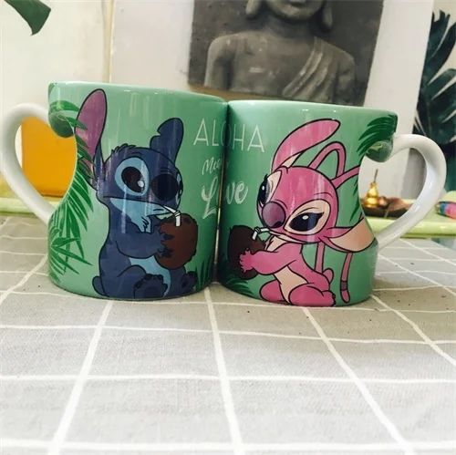 green 01 02 350 мл Дисней Ститч мультфильм чашка для воды Молоко Кофе Чай керамические кружки домашний офис Коллекция чашки любовь пара фестиваль подарки - Цвет: green 01 02