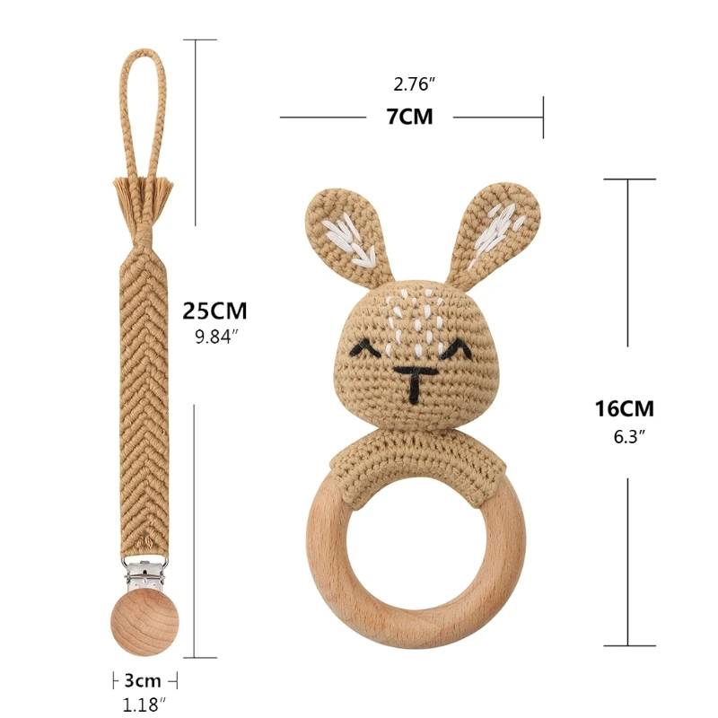 

OOTDTY 1Set Baby Teether Wooden Teething Toys Mobile Pram Crib Ring Crochet Bunny Rattle Soother Pacifier Chain Clips Baby Stuff