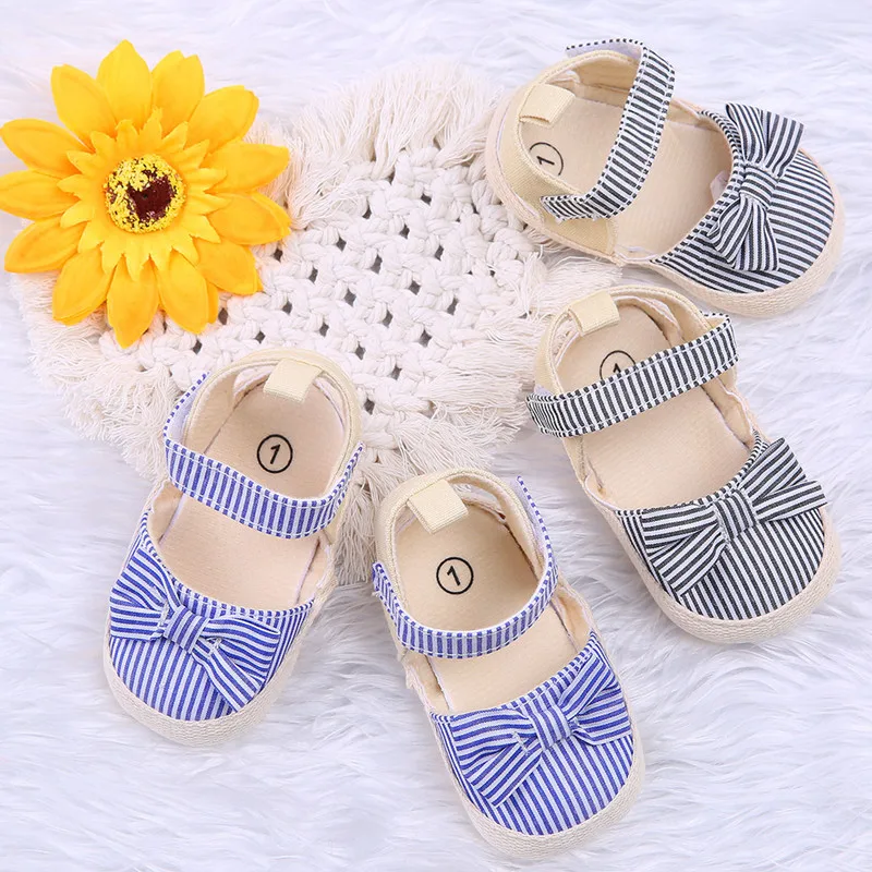 

Children 0-18M Summer Shoes Newborn Infant Baby Girl Boy Soft Crib Shoes Infants Anti-slip Sneaker Striped Bow Prewalker