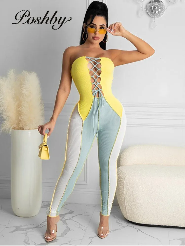 

Poshby Summer Women Patchwork Lace Up Strapless Jumpsuits 2021 Sexy Backless Rompers Casual Streetwear Active Elastic Clothing