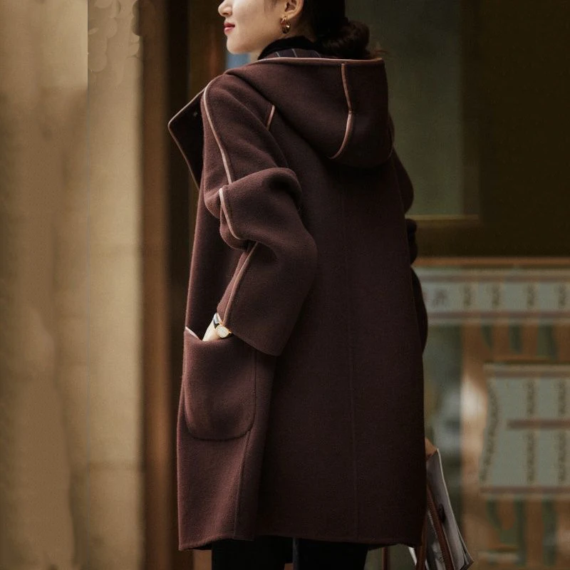 Women Elegant Wool Coat Fashion Big Pocket Hooded Overcoat Female Autumn Winter Warm Casual Outwear High Quality Loose Blends | Женская