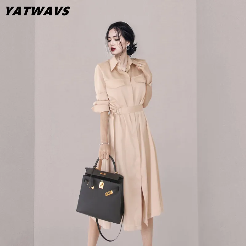 

Женское платье-рубашка с отложным воротником, Элегантное однобортное повседневное простое офисное платье миди с поясом и длинным рукавом, ...