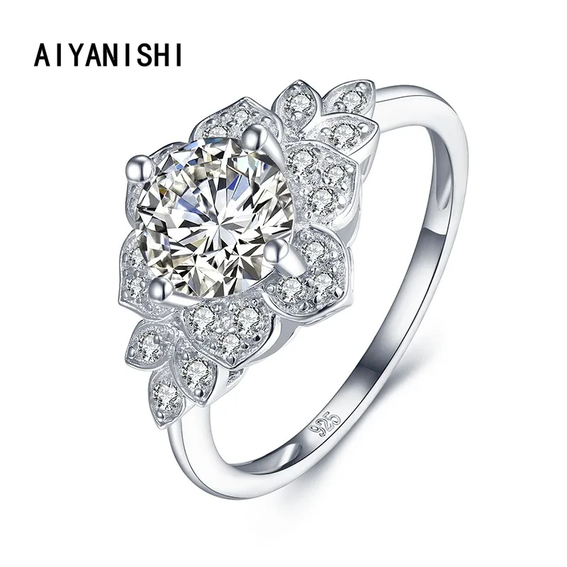 

AIYANISHI 925 Sterling Silver Halo Created Moissanite Aquamarine Gemstone Round Ring Silver 925 Jewelry Wedding Cocktail