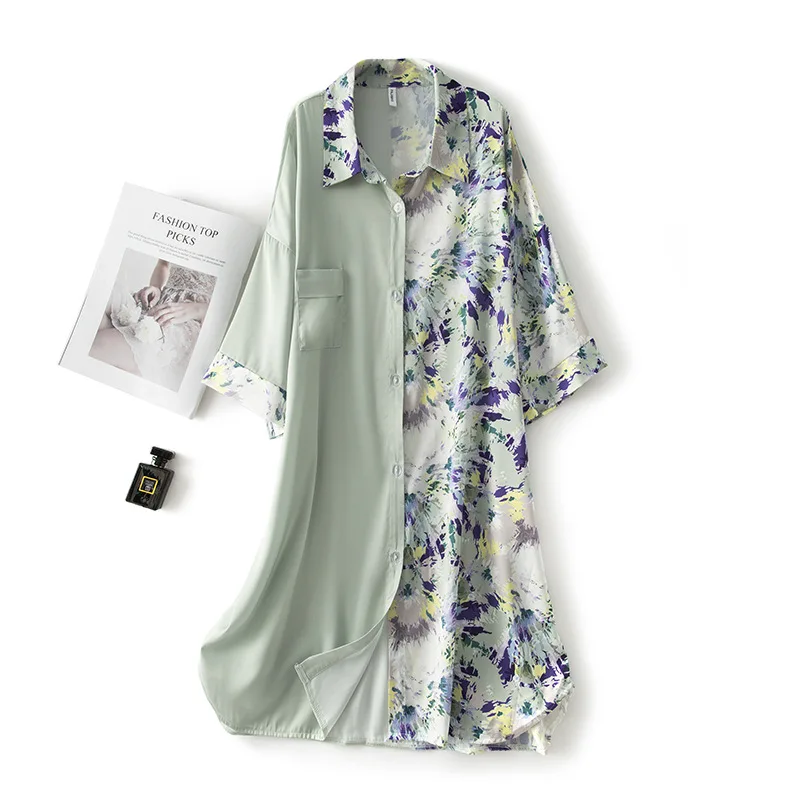 

Lady Casual Nightdress Summer Sleepshirt Printed Floral Nightgown Satin Thin Loose Kimono Robe Gown Women Intimate Lingerie