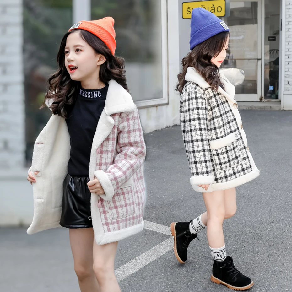 Плотное пальто для девочек шерстяное в клетку детская верхняя одежда из плюша