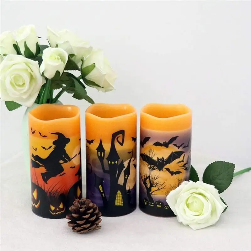 

Halloween Pillar Candle Warm Light Bat Witch Castle Decal Safe Bright Flameless Flickering Candle Light Durable Wax Led Candle