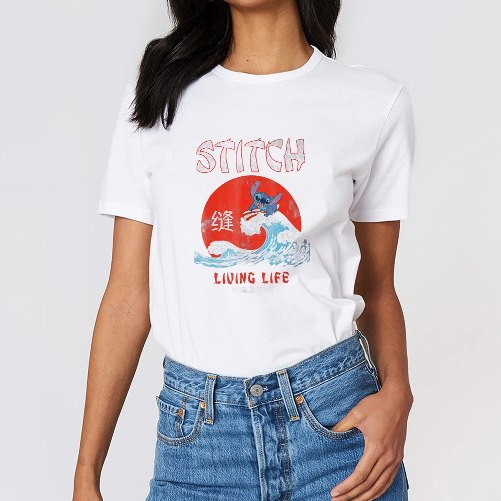 

Aesthetic Disney White T-Shirts Stitch Comfy Tops Living Life Letter Hot Sell Female T Shirt New Products High Quality Tshirts