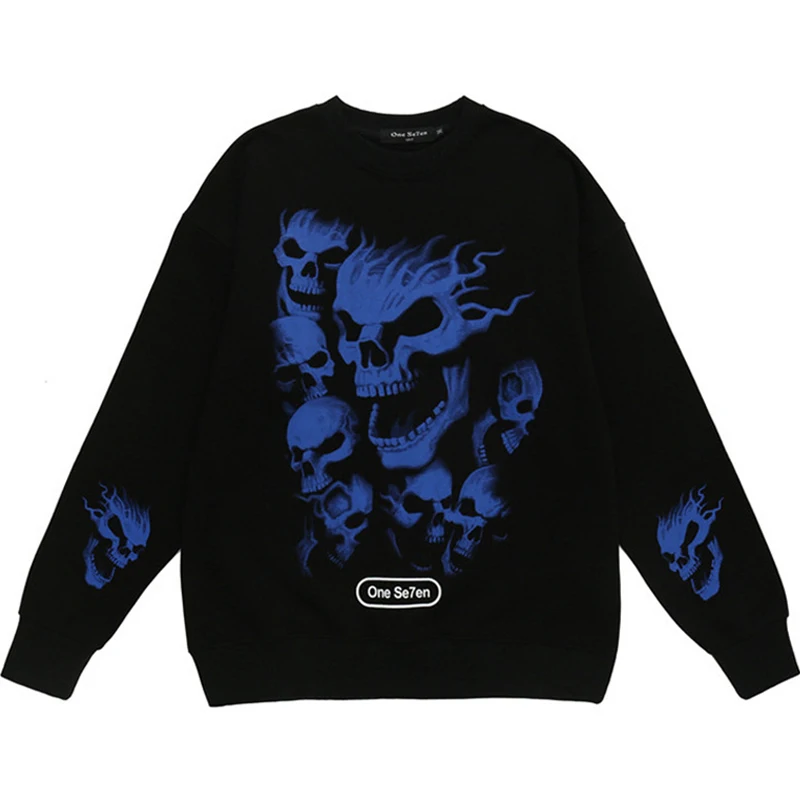 

Толстовка мужская с принтом скелета, свободная уличная одежда в стиле хип-хоп, готический черный белый хлопковый свитшот с круглым вырезом, ...