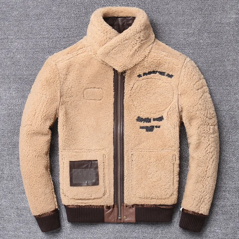 

2021 Men Factory Shearling Flight Jacket Top Gun Air Force Pilot Casual Wool Liner Sheepskin Jackets Russia Winter Coats