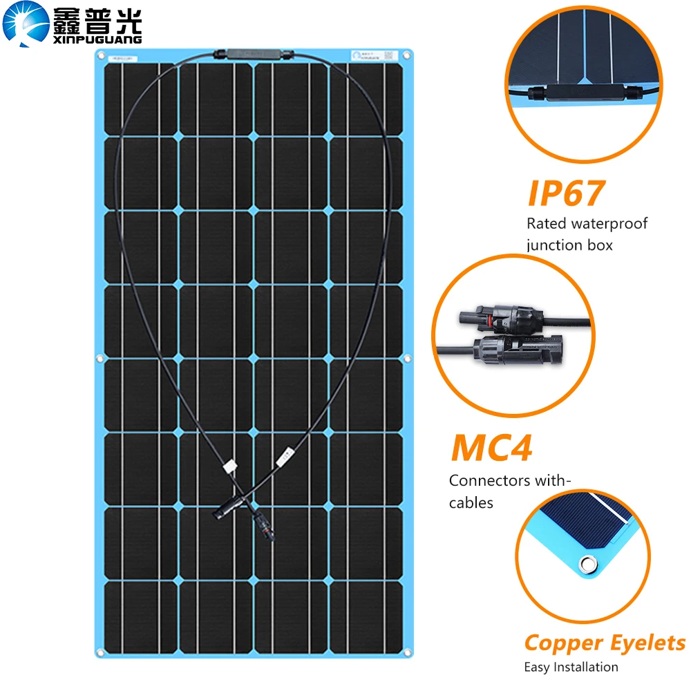 xinpuguang гибкий портативный портативный ETFE солнечная батарея панель 100w 12v комплект зарядного устройства для зарядки аккумулятора монокристаллический для 1000w System Boat Car Camping путешествия по Китаю