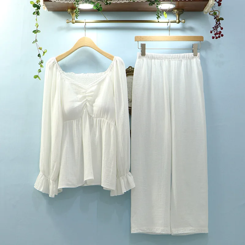 IZICFLY весна осень новый стиль белые пижамы наборы с длинным рукавом Брюки Ночная