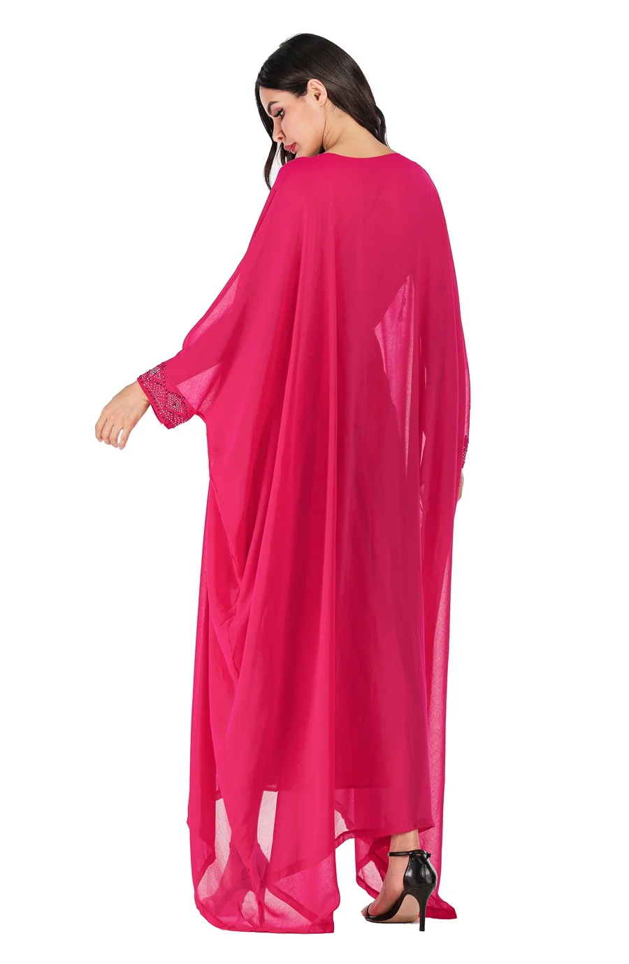 Siskakia Vintage Ethnic Abaya Dress Fashion Batwing Sleeve O Neck Hot Fix Rhinestone Dressing Gowns Rose Red Plus Size for Women