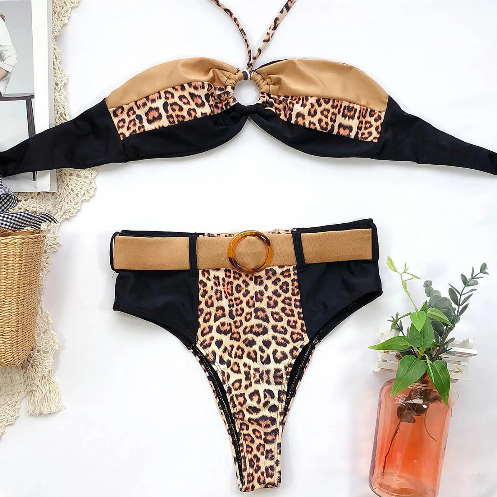 

Womail bikini sexy bikini high waist bikini Women's Swimwear Sexy Leopard Halter Bandage Split Swimsuit Beachwear Set thong