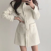2021 autumn new style korean chic elegant round neck fringe design single breasted waist pocket long sleeved tweed dress women