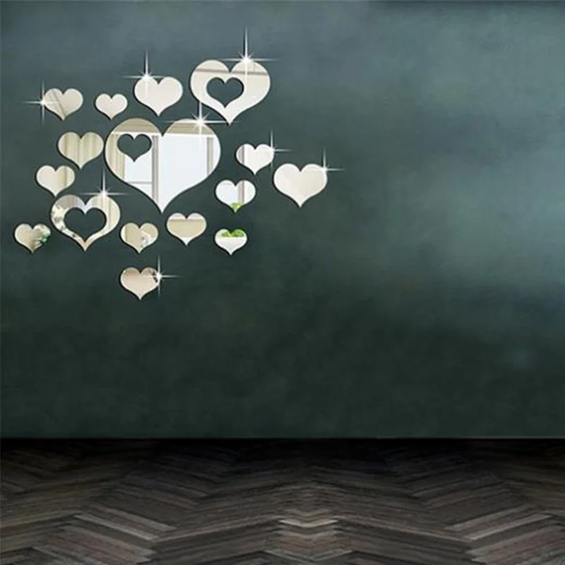 Зеркальные акриловые наклейки в форме сердца 16 шт./компл. 3D Серебряные съемные