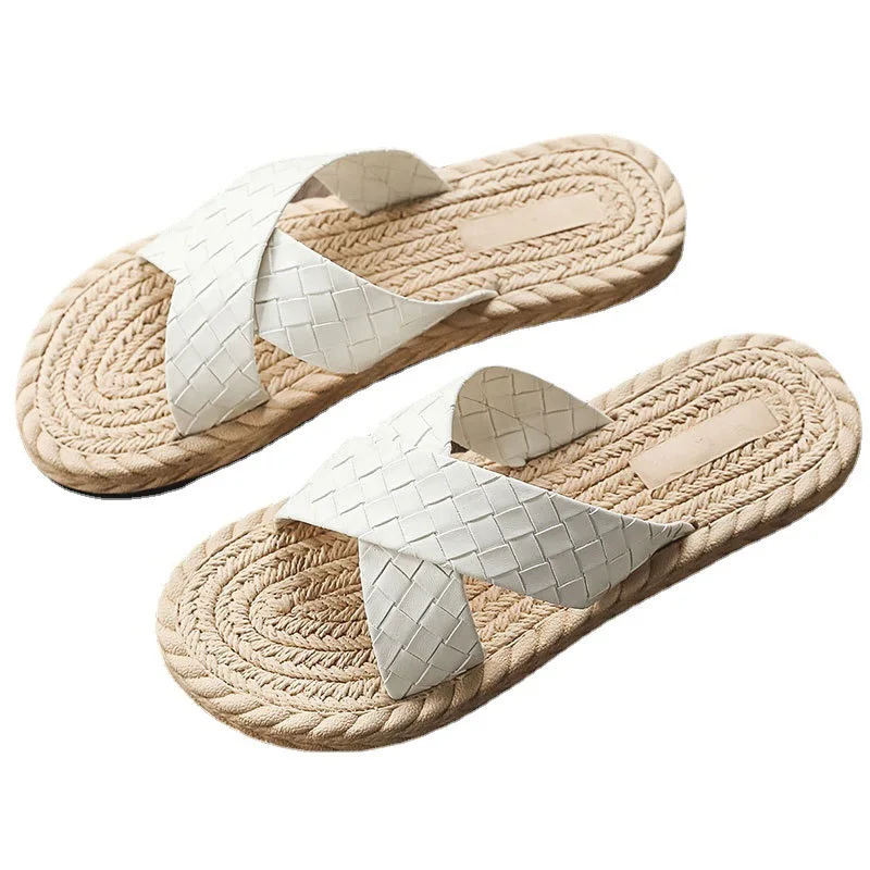 

Summer Casual Slides Trend Women Faux Hemp Cross Strap Flat Heel Sewing Outdoor Beach Fashion Slippers Leisure Ladies Shoes 2021