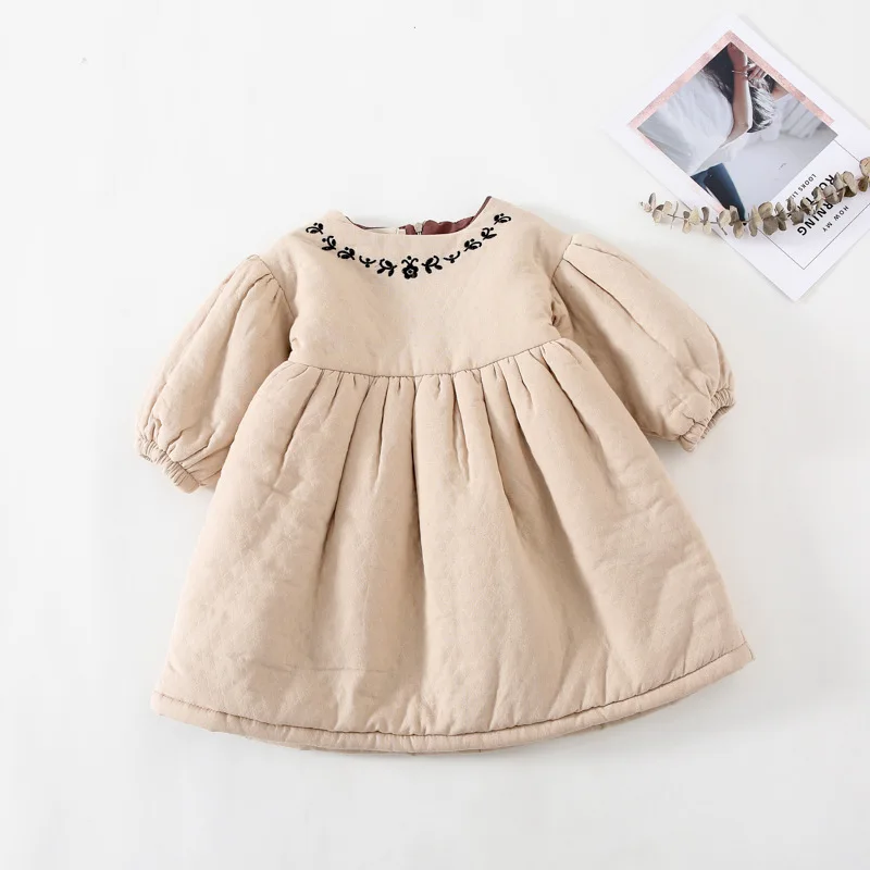 

Autumn and Winter Embroidery Double Layer Cotton Sandwich Thickened Bubble Sleeve loose dress for cute sweet baby girls