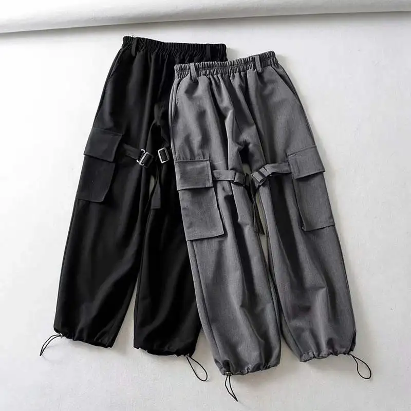 

Брюки-карго женские с эластичным поясом, Модные свободные повседневные Прямые штаны с карманами, длинные брюки, серого, черного цвета, уличн...