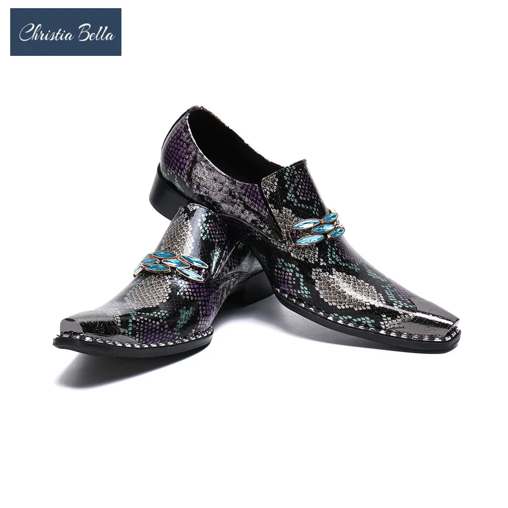 Christia Bella Snake Skin Genuine Leather Men Business Shoes Fashion Plus Size Print Slip On Metal Square Toe Formal Men Shoes